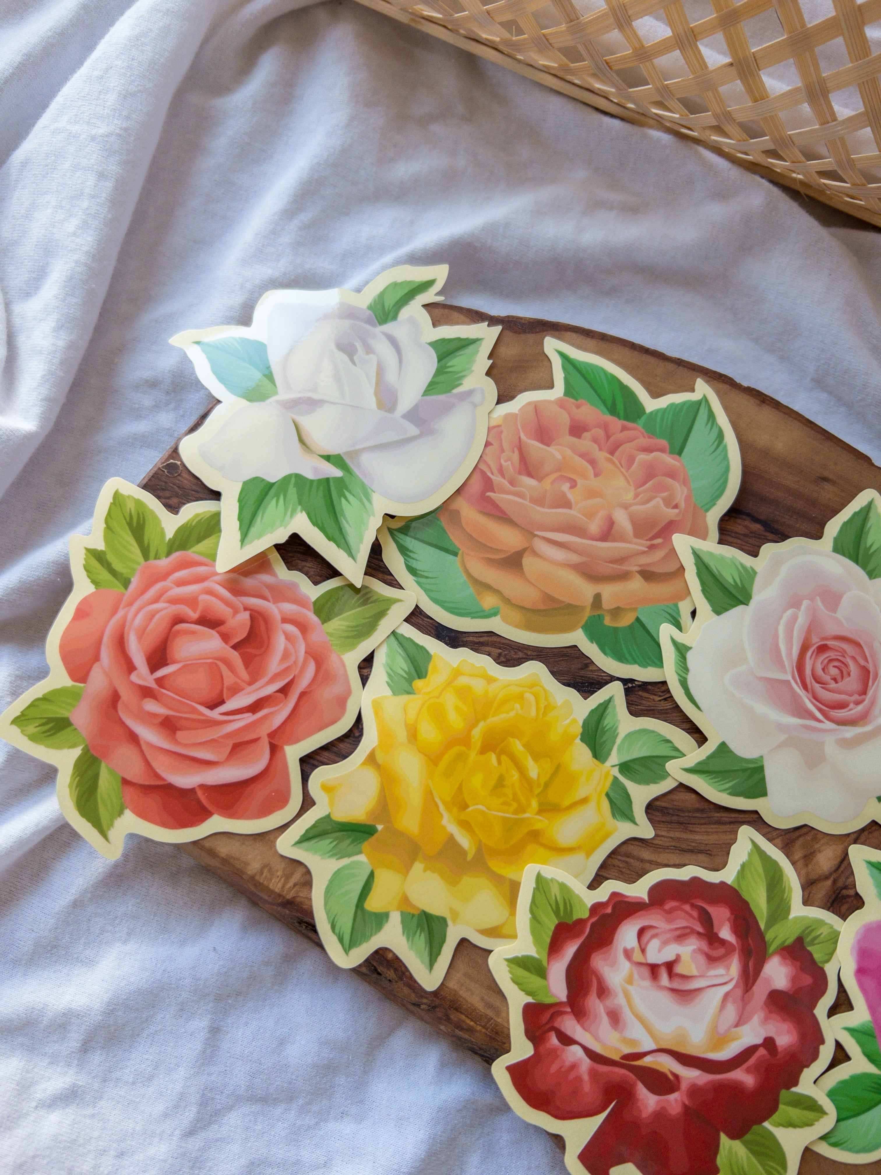 Hand-illustrated hybrid tea rose clear sticker set 