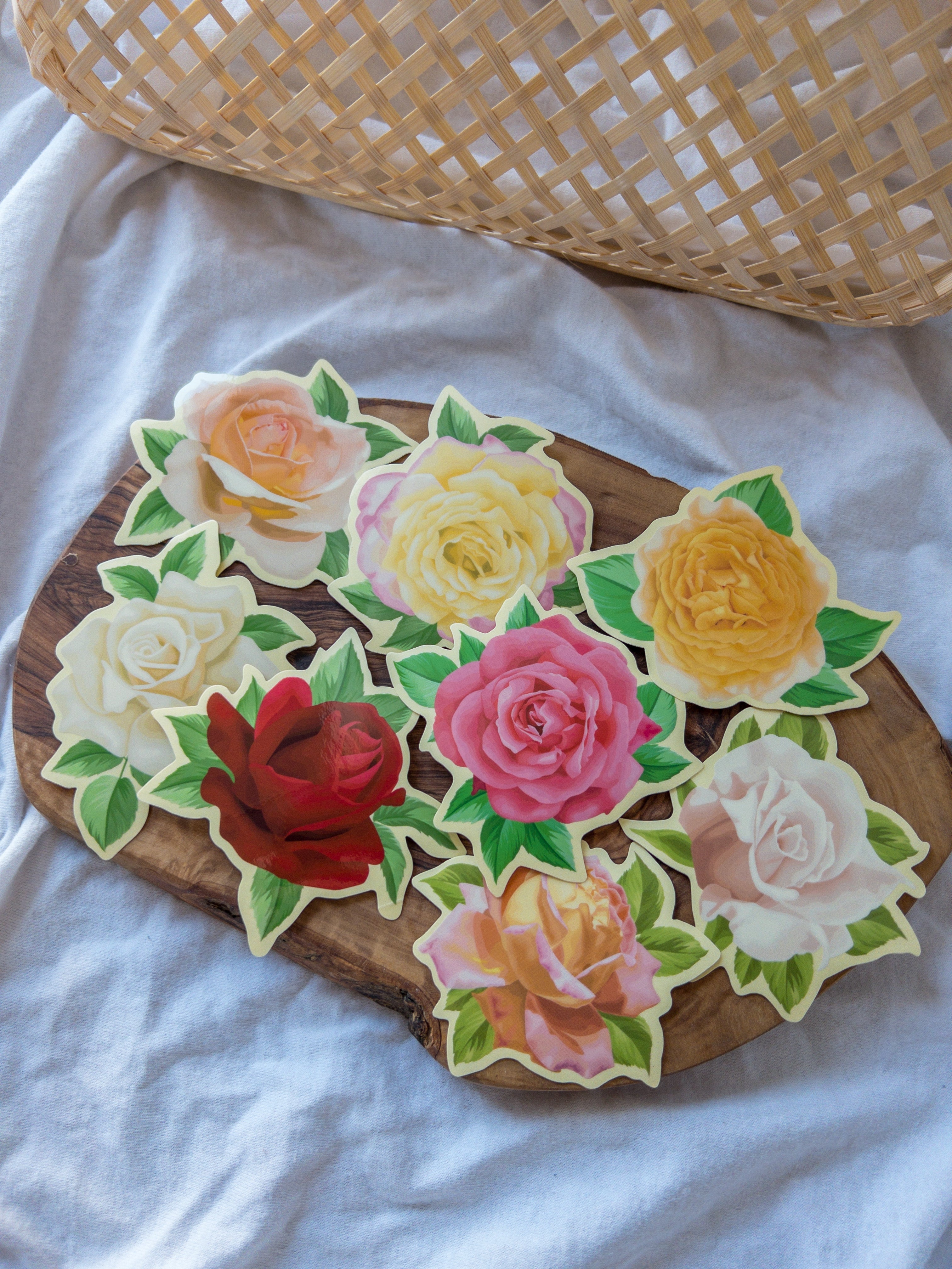 Hand-illustrated hybrid tea rose clear sticker set |Mosaic the label