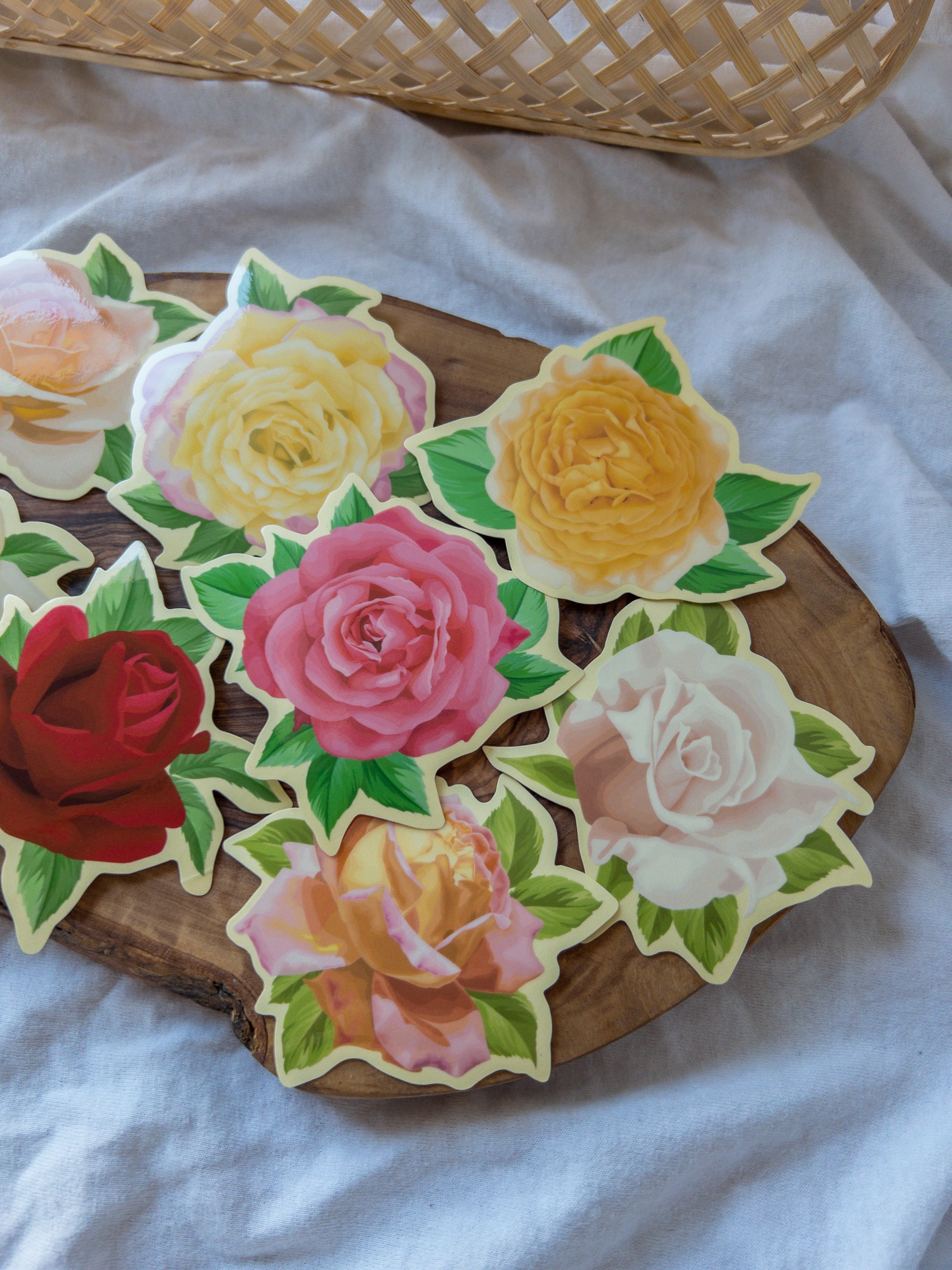 Hand-illustrated hybrid tea rose clear sticker set |Mosaic the label